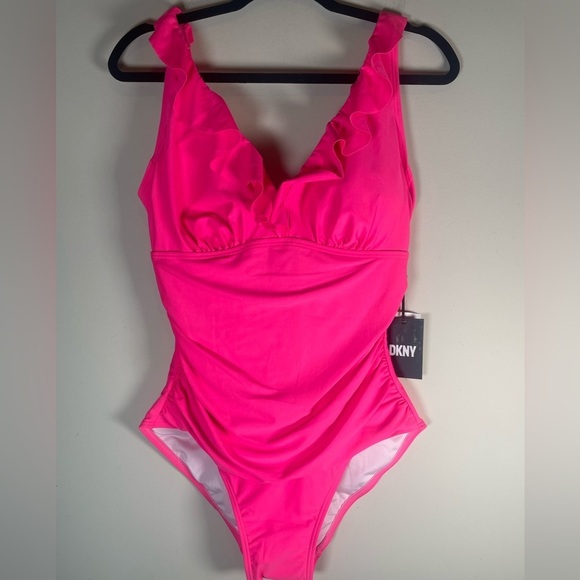 DKNY Women's sz 12 Ruffle Plunge Underwire Tummy Control One Piece Swimsuit - Picture 7 of 16
